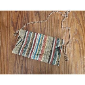 Raffia Clutch Purse Detachable Chain Strap Earth Tone Colors Summer Beach Resort